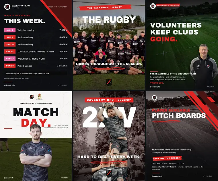 The club's feed after: the same club as finished posts in its own colours
