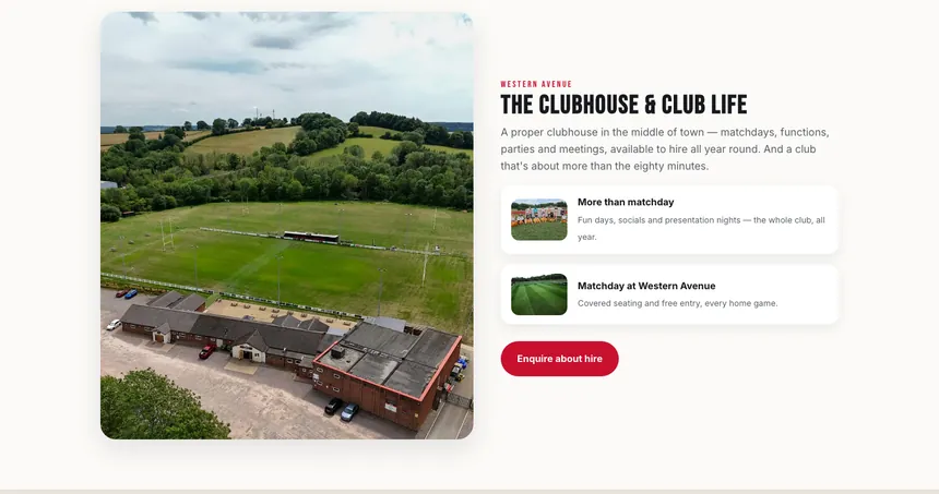 The clubhouse and club life section, with the hire enquiry button