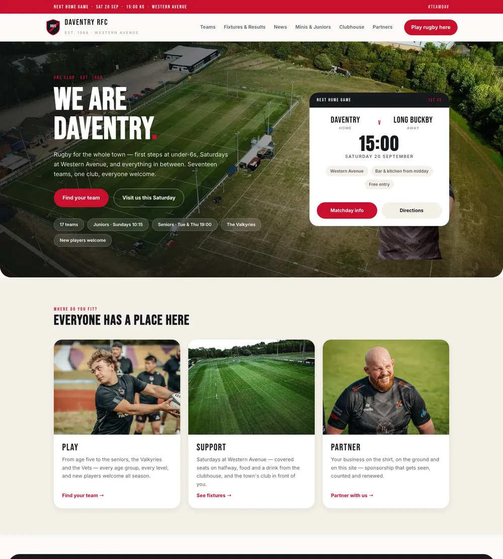 Concept homepage in Daventry RFC colours: We are Daventry, with the next home game card, kick-off, ground, bar and kitchen, directions
