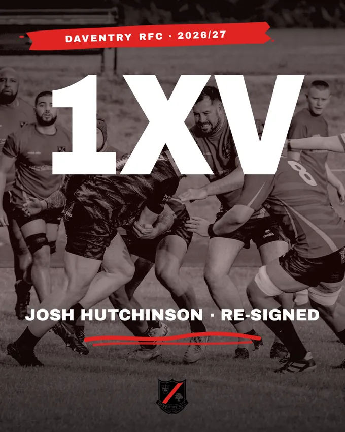 Daventry 1XV season poster: Josh Hutchinson re-signed, lineout catch in red and black