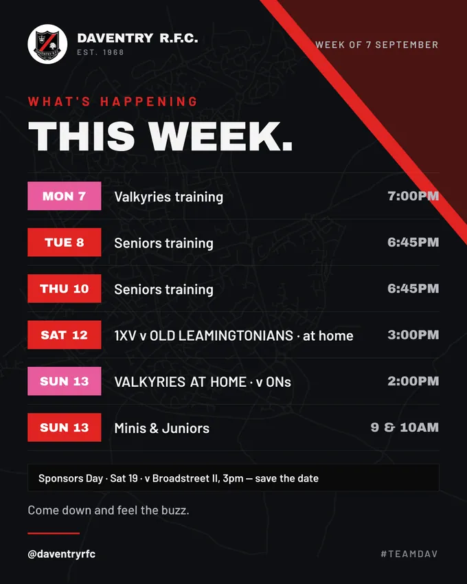 This week board: every training night and fixture for the week of 7 September