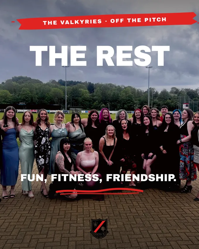 Valkyries recruitment poster: fun, fitness, friendship, the squad off the pitch